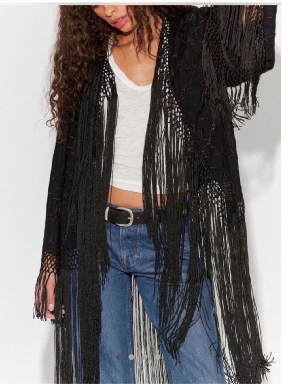 Free people black fringe kimono one size